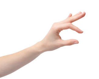 Photo of Woman holding something in fingers on white background, closeup