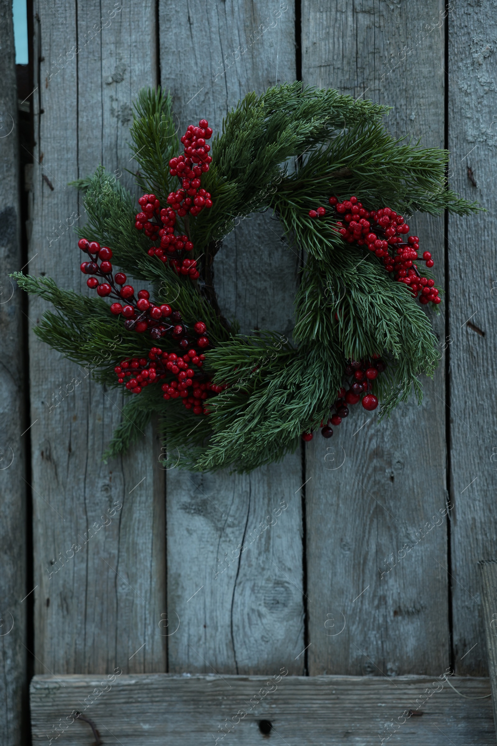 Photo of Beautiful Christmas wreath with red berries hanging on wooden wall