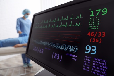 Photo of Cardiogram and data on display of heart rate monitor in clinic