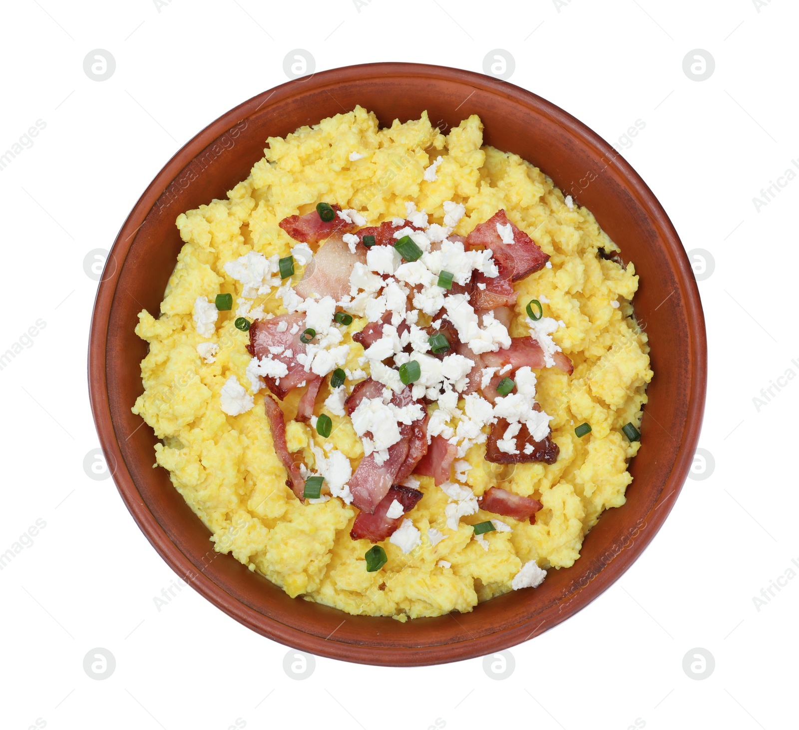 Photo of Tasty banosh with brynza and pork cracklings in bowl isolated on white, top view. Traditional Ukrainian dish