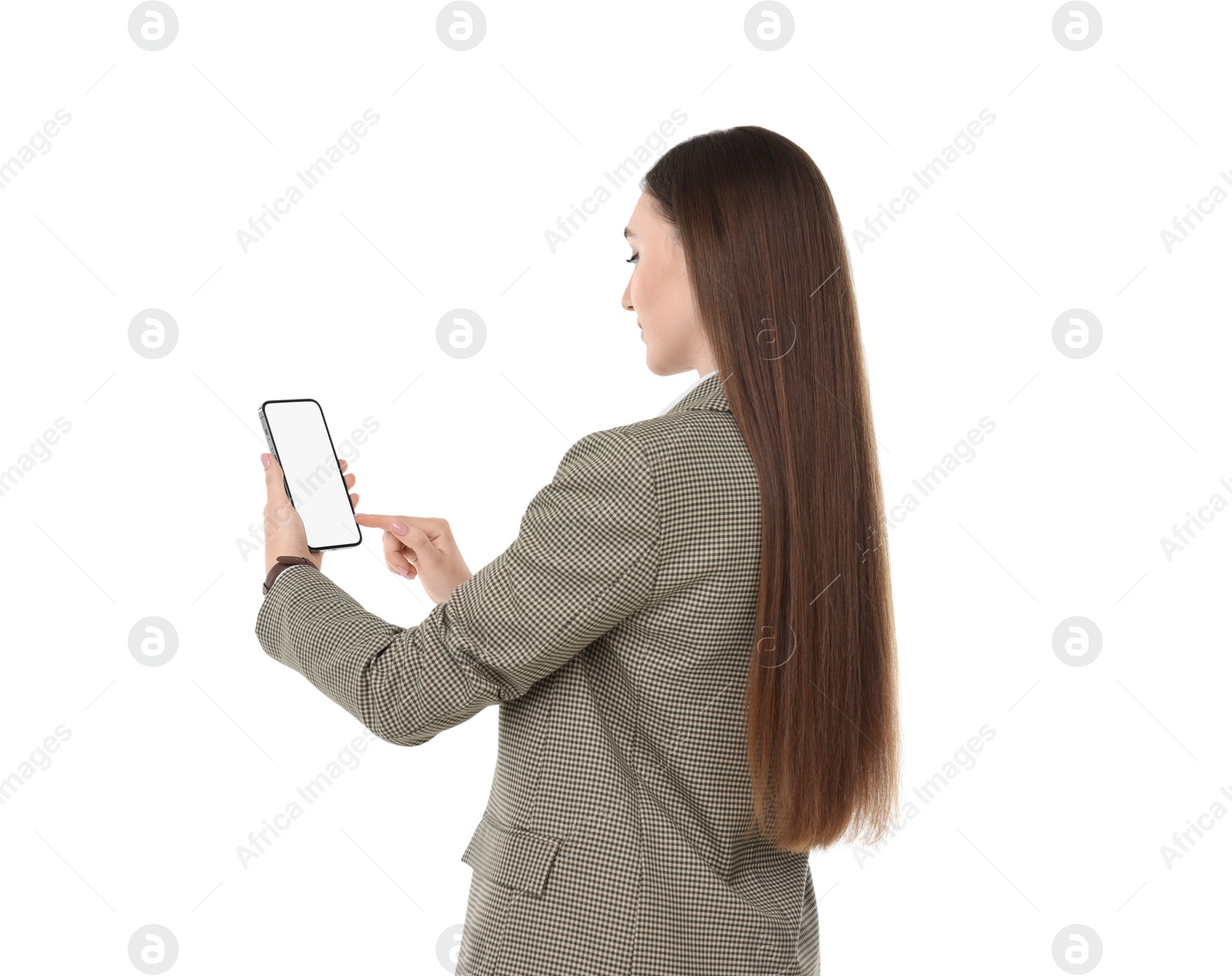 Photo of Woman using smartphone with blank screen on white background