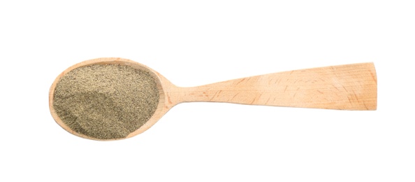 Photo of Wooden spoon with pepper powder on white background, top view