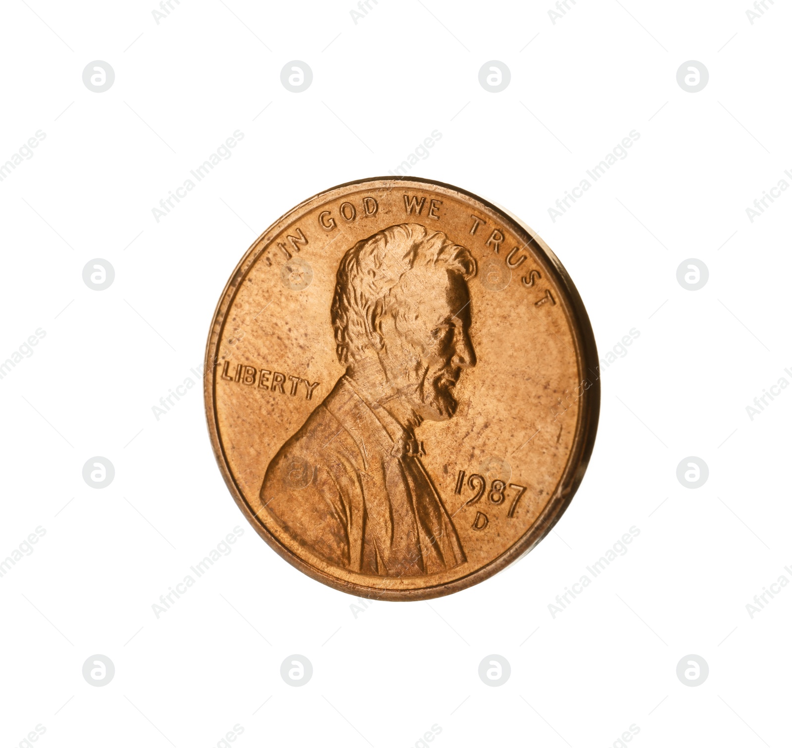 Photo of Shiny USA one cent coin on white background