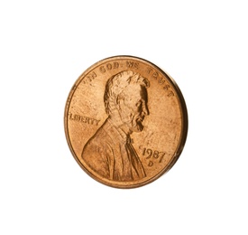 Photo of Shiny USA one cent coin on white background