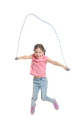Photo of Cute little girl with jump rope on white background
