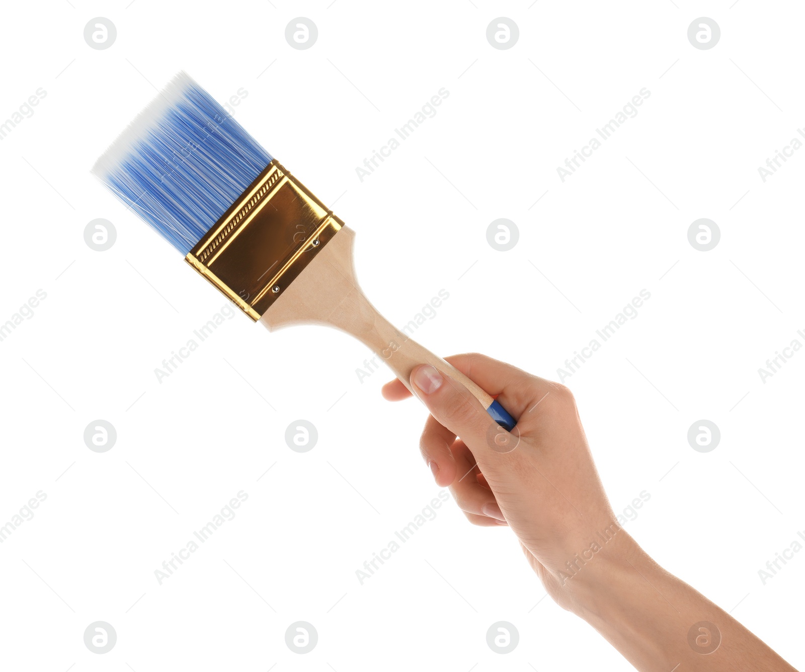 Photo of Woman holding paint brush on white background, closeup