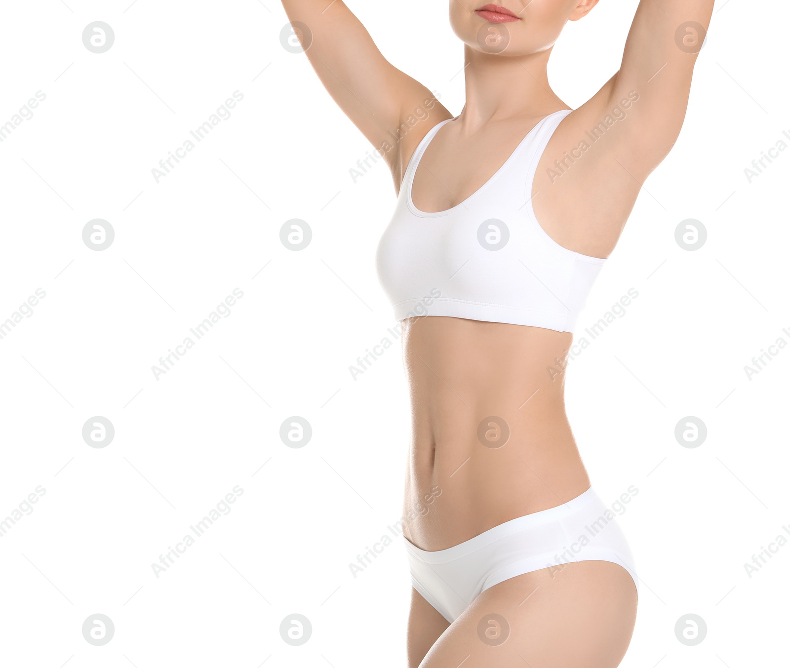 Photo of Young woman showing smooth silky skin after epilation on white background