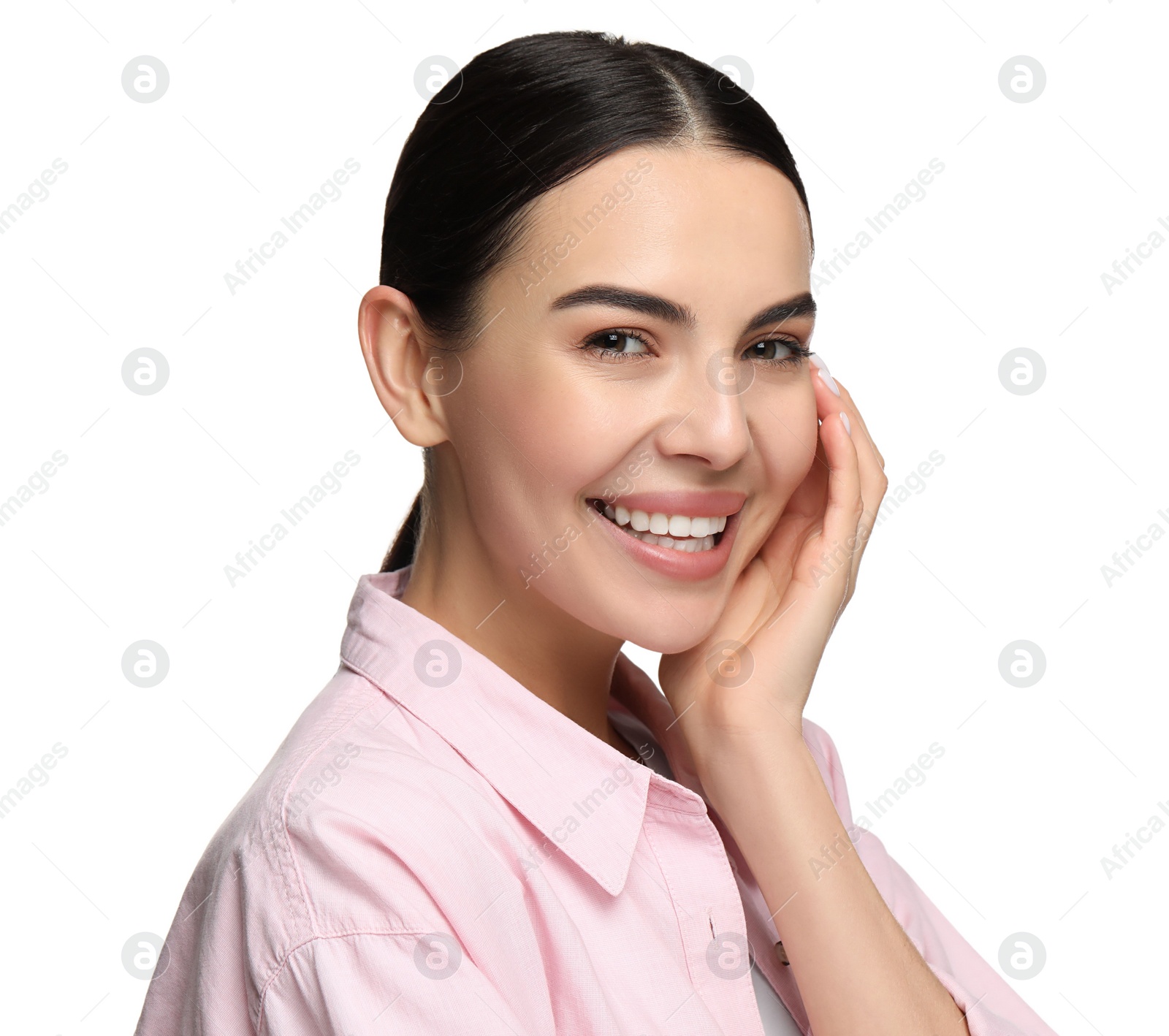 Photo of Beautiful woman with clean teeth smiling on white background