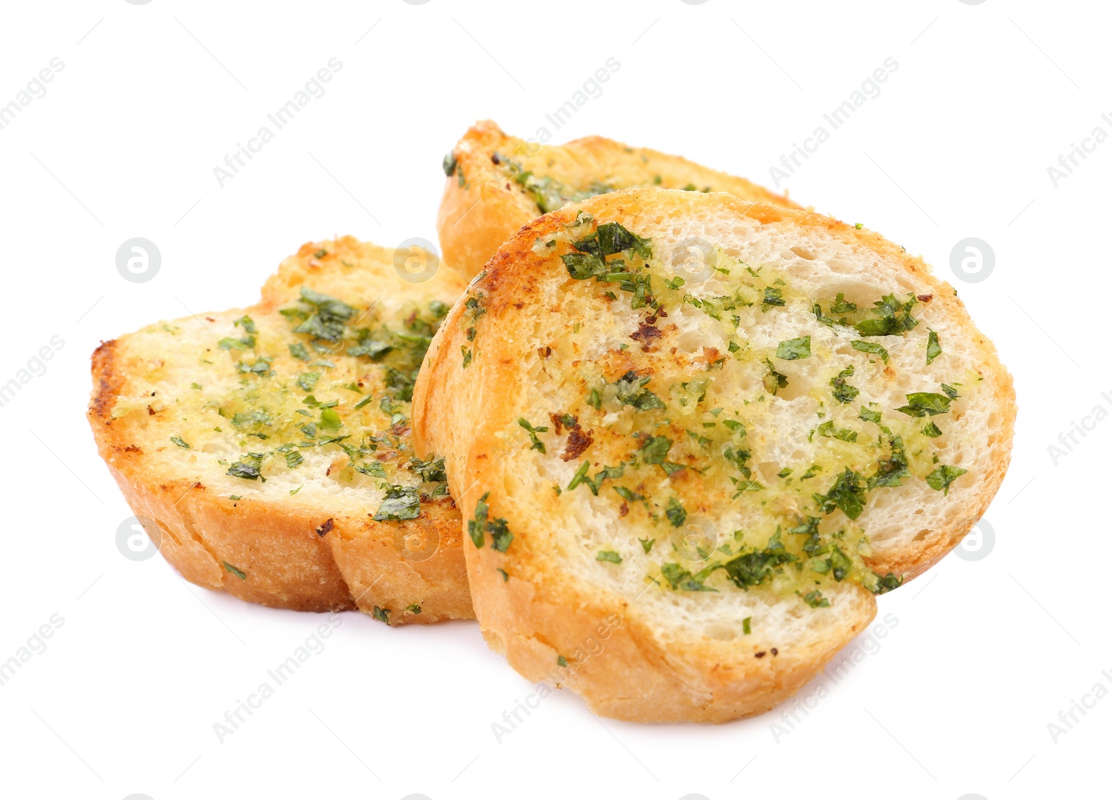 Photo of Slices of toasted bread with garlic, cheese and herbs on white background