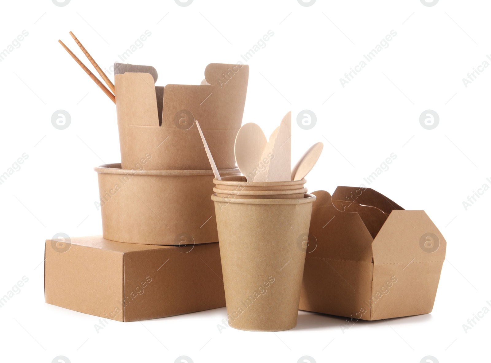 Photo of Eco friendly food packagings and wooden cutlery isolated on white