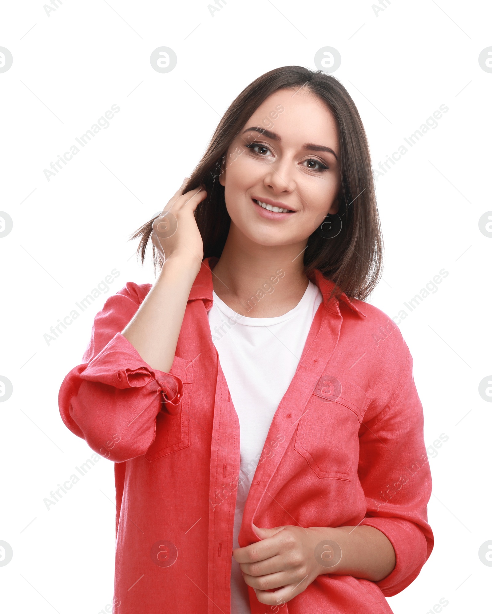 Photo of Beautiful young woman in casual outfit on white background