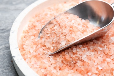 Scoop and plate with pink himalayan salt on grey table, closeup