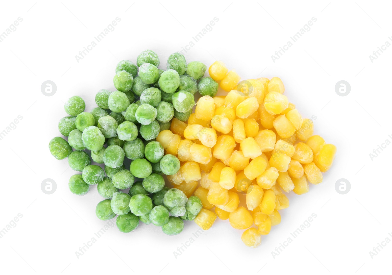 Photo of Mix of frozen vegetables on white background, top view