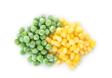 Photo of Mix of frozen vegetables on white background, top view