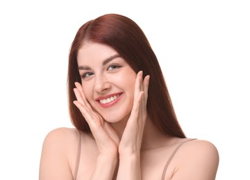 Photo of Portrait of smiling woman on white background