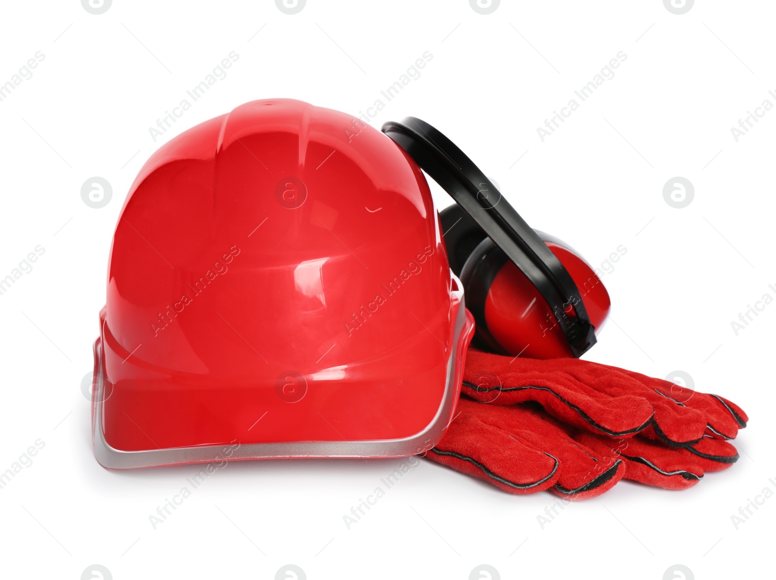 Photo of Protective workwear on white background. Safety equipment