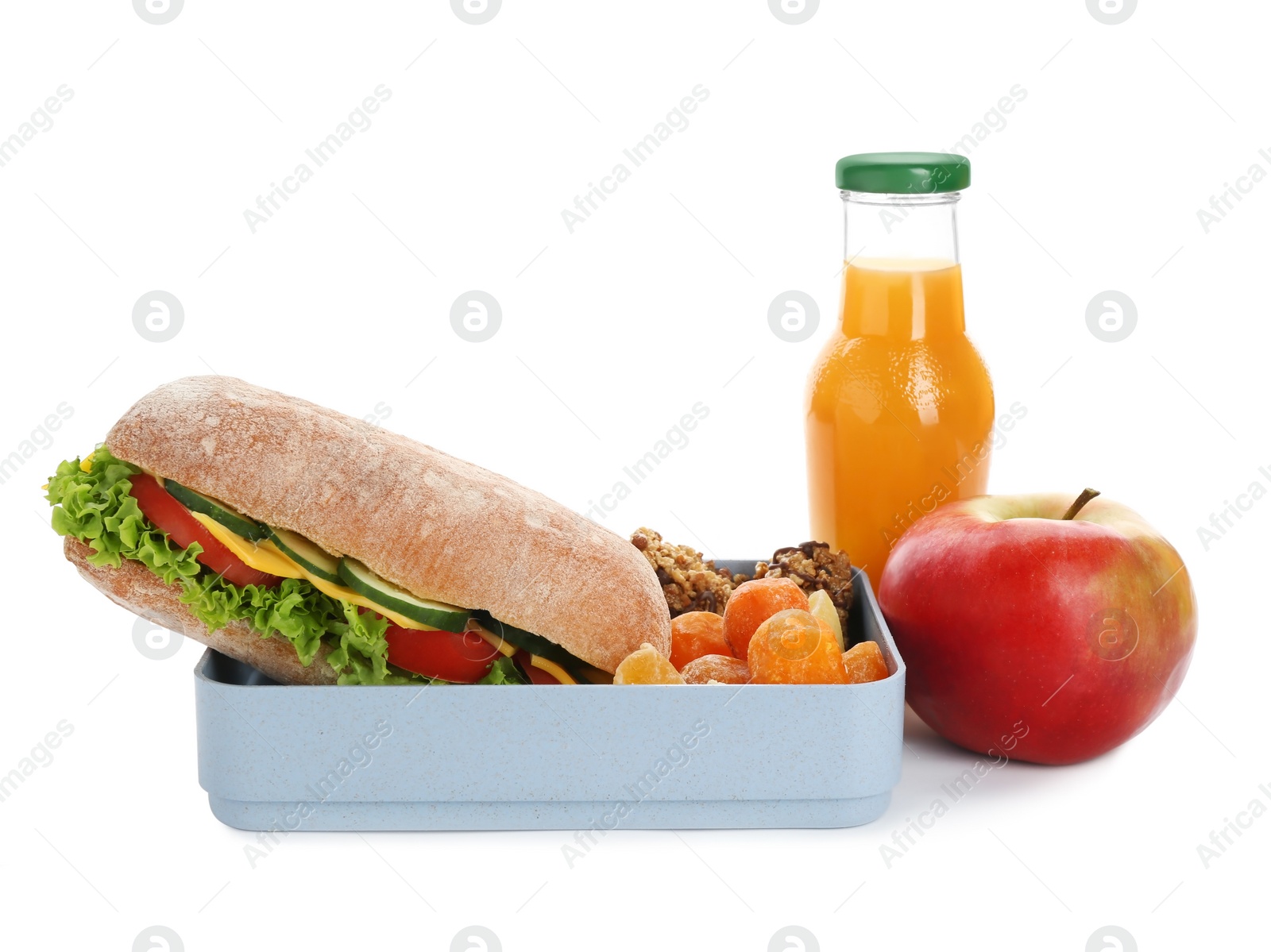 Photo of Lunch box with appetizing food and bottle of juice on white background