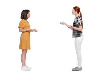 Image of Two women talking on white background. Dialogue