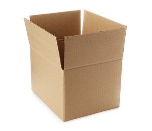 One open cardboard box on white background