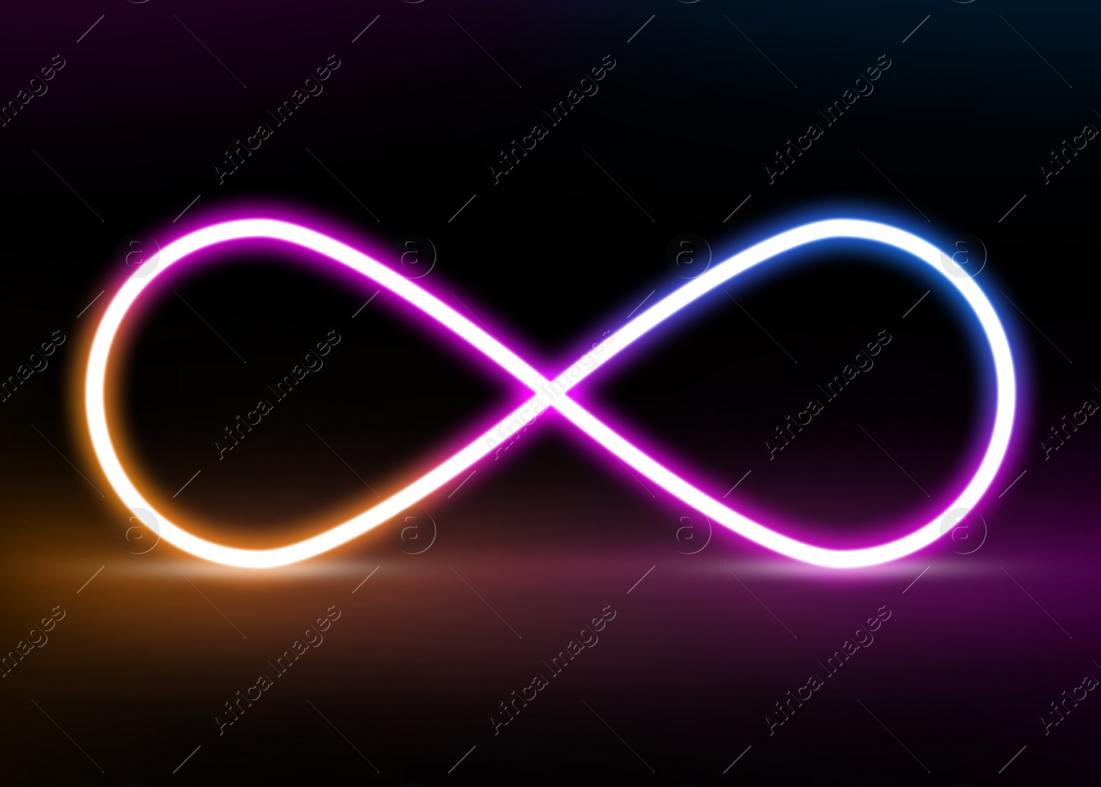 Illustration of Glowing colorful neon frame in shape of infinity sign on black background