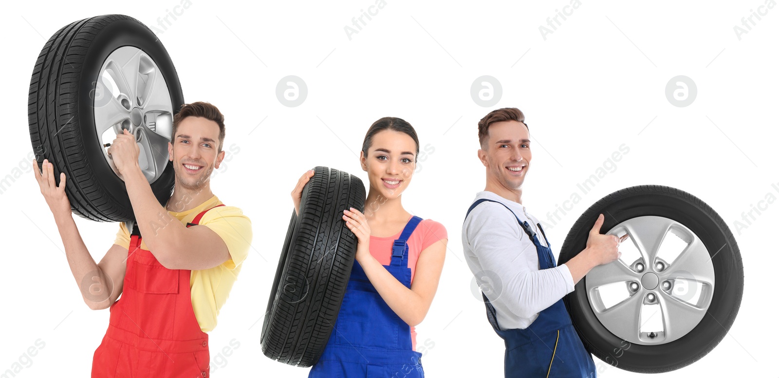 Image of Collage with photos of young mechanics and tires on white background. Auto store 