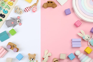 Photo of Frame of different children's toys on color background, flat lay. Space for text