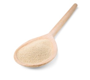 Photo of Wooden spoon with granulated yeast isolated on white