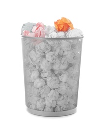 Photo of Trash bin with crumpled paper on white background. Lack of ideas