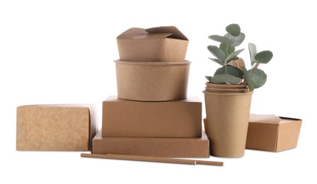 Photo of Eco friendly food packagings, straws and eucalyptus leaves isolated on white