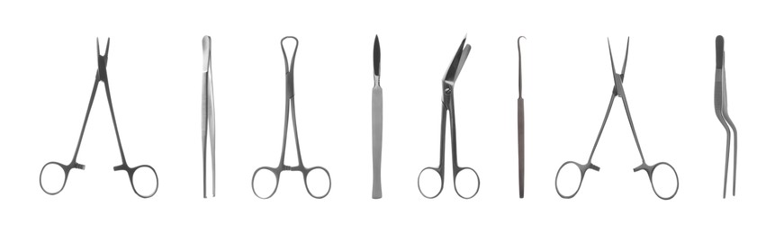 Image of Set with different surgical instruments on white background. Banner design 