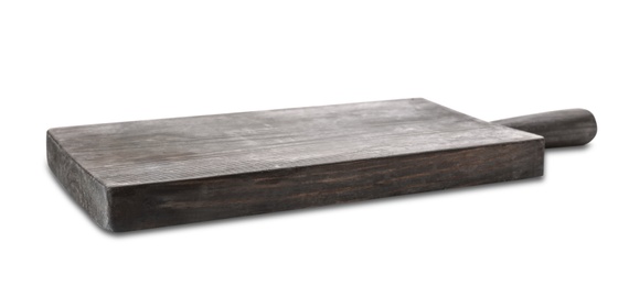 Photo of Wooden board on white background. Kitchen accessory