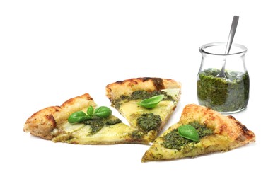 Photo of Slices of delicious pizza with pesto, cheese and basil near sauce on white background