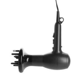 Photo of Modern hair dryer isolated on white. Professional hairdresser tool