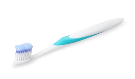 Photo of Plastic toothbrush with paste on grey background