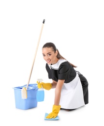 Photo of Young chambermaid with cleaning supplies on white background