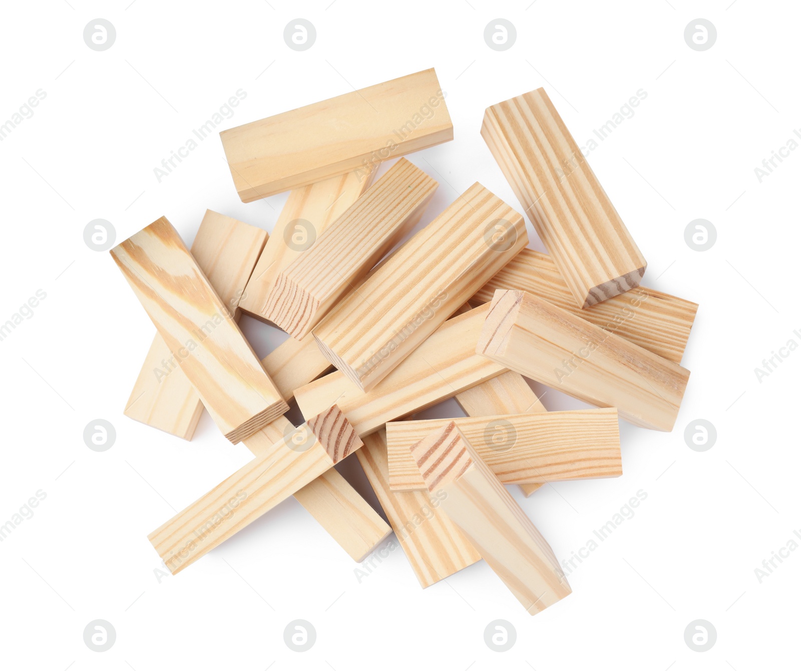 Photo of Pile of wooden blocks on white background, top view. Jenga game