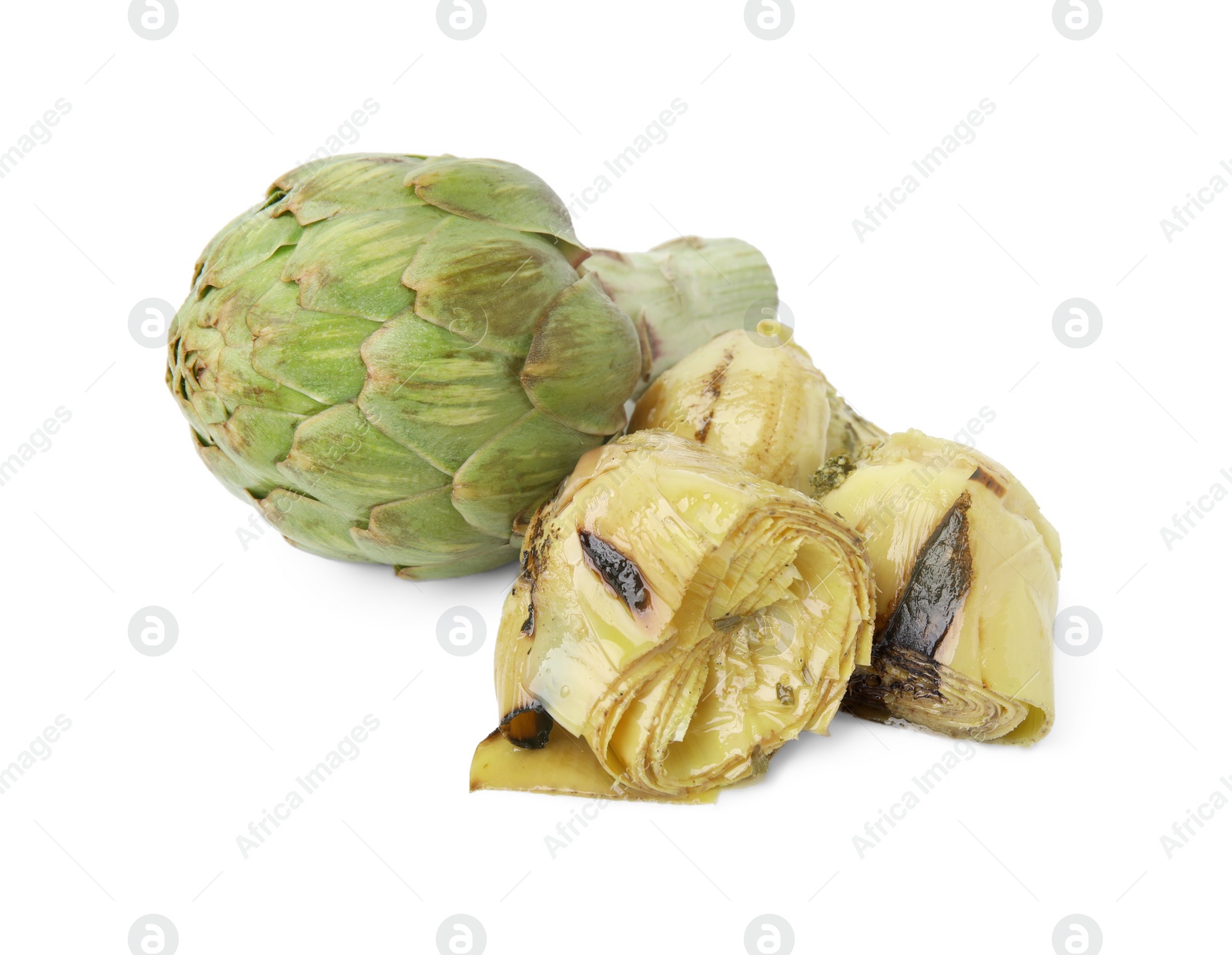 Delicious pickled artichokes and fresh vegetable on white background Photo of Delicious pickled artichokes and fresh vegetable on white background
