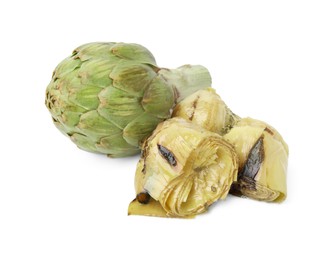 Photo of Delicious pickled artichokes and fresh vegetable on white background