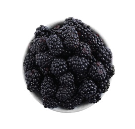 Photo of Fresh ripe blackberries in bowl isolated on white, top view