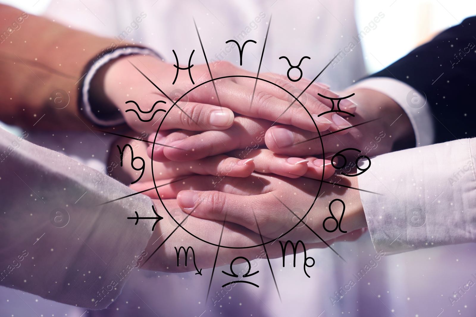 Relationships and horoscope. Zodiac wheel and photo of people joining hands together, closeup Image of Relationships and horoscope. Zodiac wheel and photo of people joining hands together, closeup