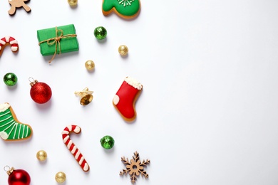 Photo of Flat lay composition with Christmas decorations on white background