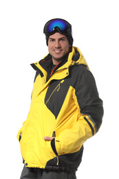 Photo of Man wearing stylish winter sport clothes on white background
