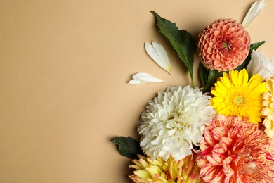 Photo of Flat lay composition with beautiful dahlia flowers on beige background. Space for text