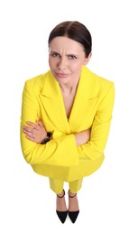 Photo of Beautiful businesswoman in yellow suit on white background, above view