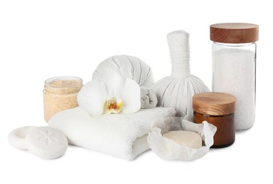 Photo of Beautiful spa composition with different body care products isolated on white