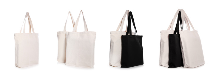 Image of Set of eco bags on white background. Banner design