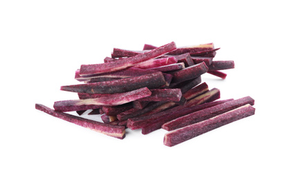 Photo of Raw purple carrot sticks isolated on white