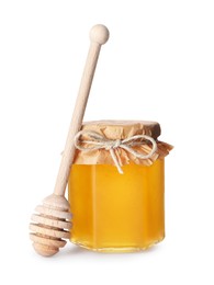 Photo of Tasty honey in glass jar and dipper isolated on white
