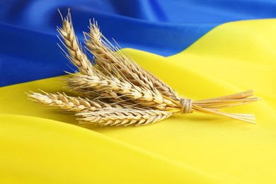 Photo of Ears of wheat on national Ukrainian flag. Cereal plant
