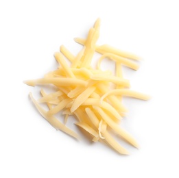 Photo of Heap of grated delicious cheese on white background